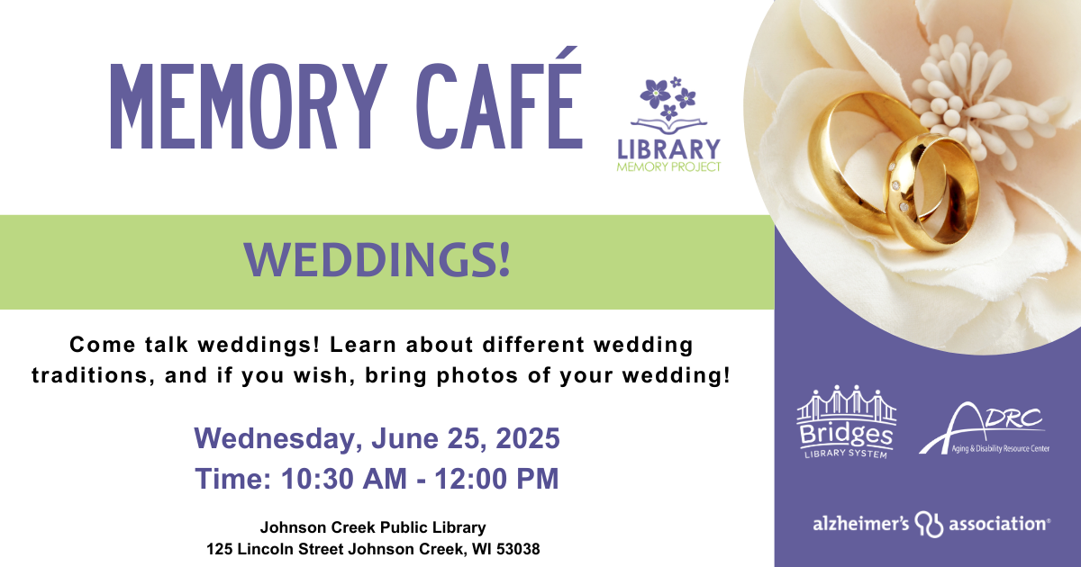 Memory cafe on june 25 10:30 - noon. gold wedding bands on an ivory flower