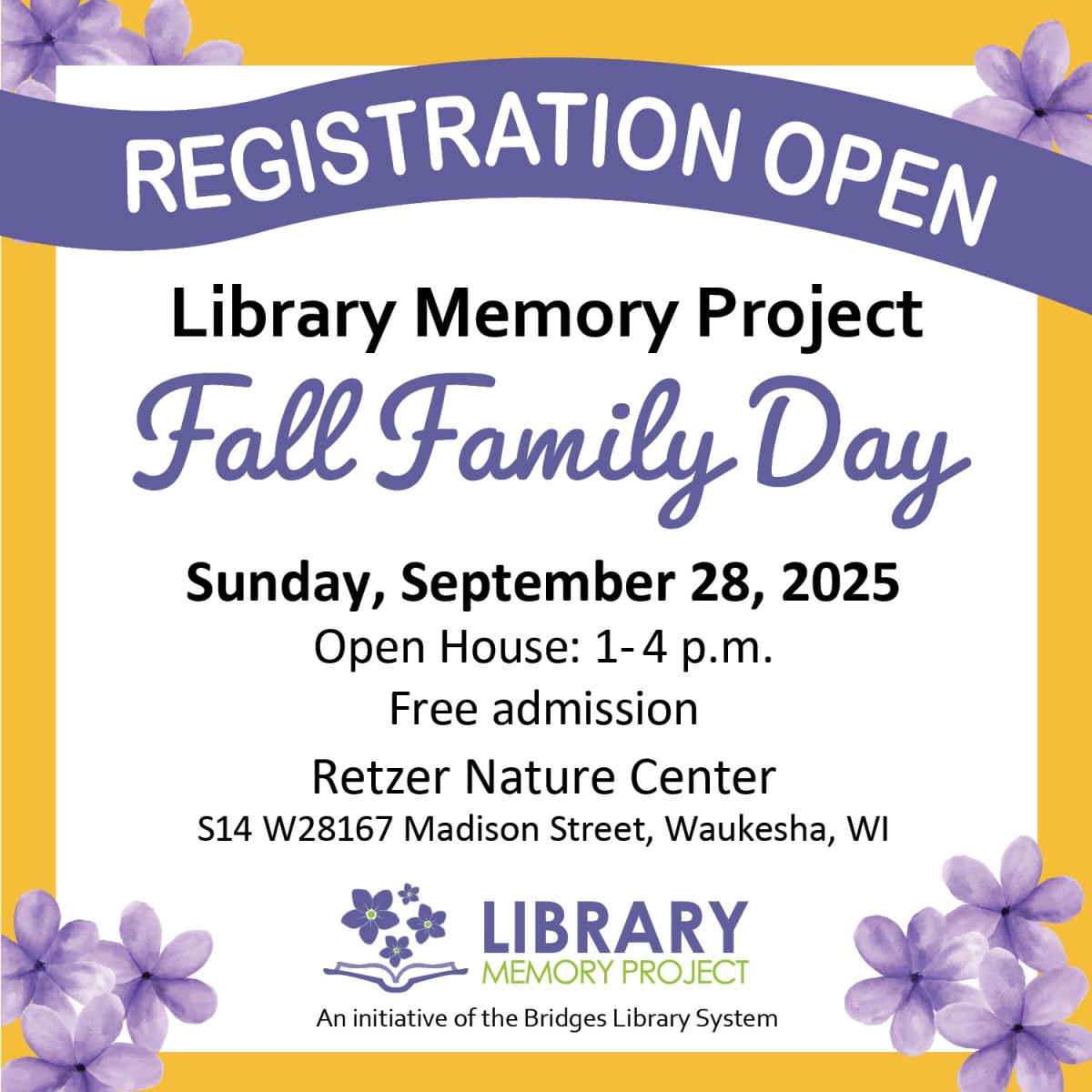 Registration open graphic for Fall Family Day Sept 28 1-4pm