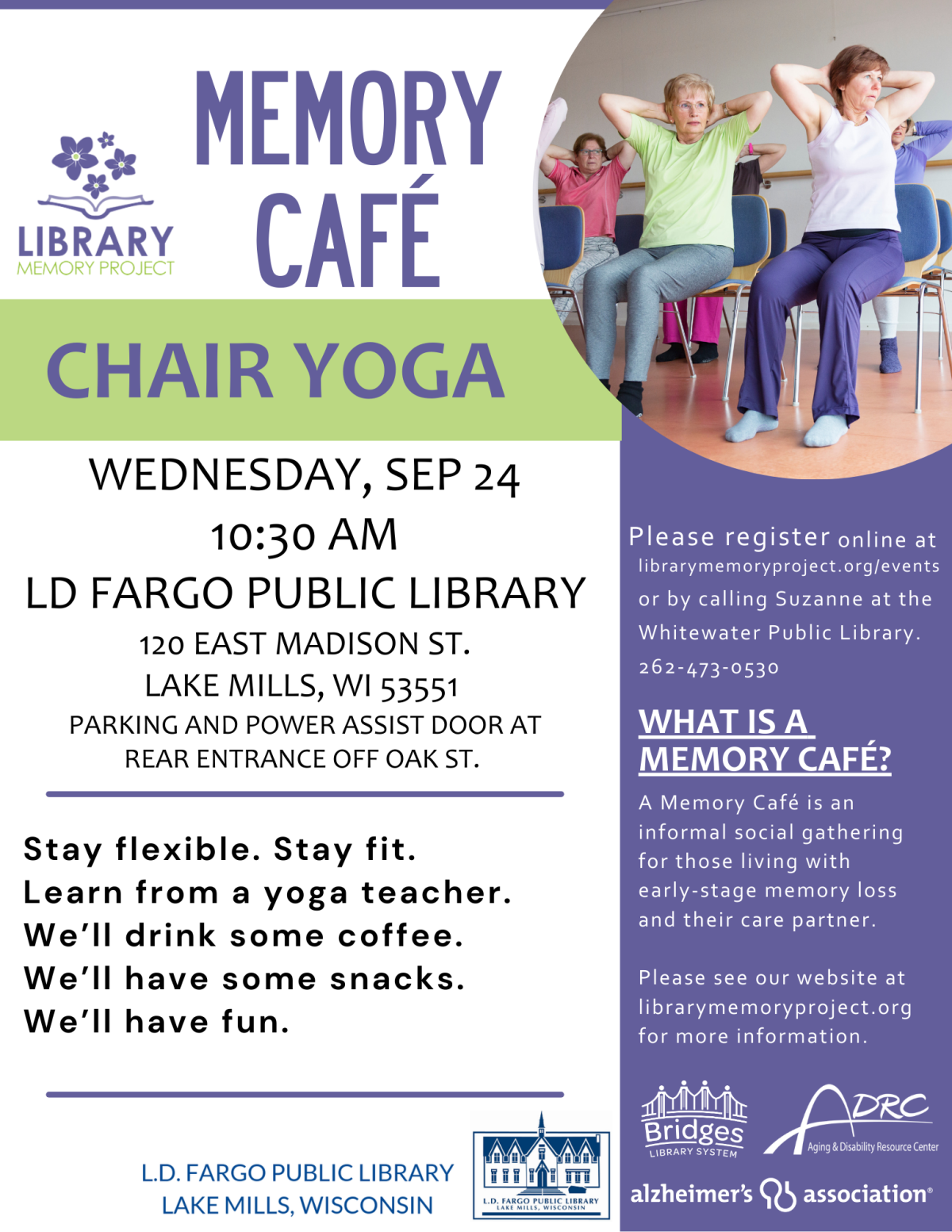 Lake Mills Memory Cafe for September 24, 2025. From 10:30AM to 12PM. Topic is Chair Yoga.
