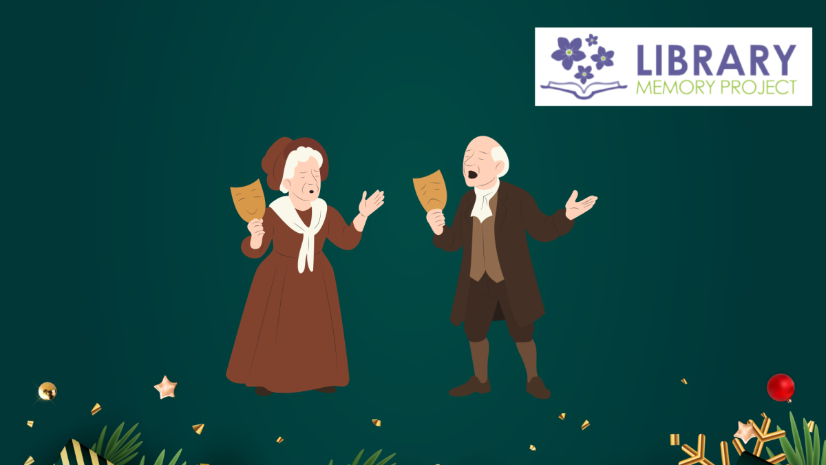 Two older actors singing in front of a subtle holiday background.